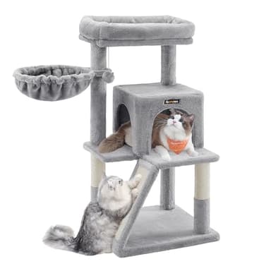 Feandrea Cat Tree, Small Cat Tower with Widened Perch for Large Cats Indoor, Kittens, 96 cm Multi-Level Cat Condo, Scratching Posts and Ramp, 2-Door Cat Cave, Cat Basket, Light Gray UPCT51W