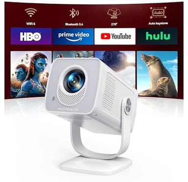 【Built-in Apps | Short Throw】Mini-Projector with WiFi6 and Two-Way Bluetooth5.4, 4K 1080P Support Portable-Projector, Auto Keystone 270° Rotation Outdoor Movie-Projecteur for Phone/HDMI/TV Stick,White
