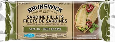 Brunswick Sardine Fillets Seafood Snacks in Soya Oil - 100g, 18 Count - Canned Sardines - High In Protein & Vitamin D - Contains Omega-3 - Ready To Eat
