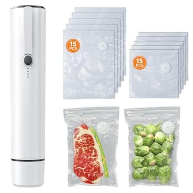 Kulukulu 2026 Upgraded Vacuum Sealer Set, Portable Vacuum Sealer Machine for Food Storage and Sous Vide + 30 Reusable Vacuum Seal Bags(15 Medium Size + 15 Big Size)