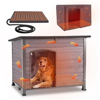 GUTINNEEN Large Heated Dog House Outdoor Insulated Dog House Indestructible Weatherproof Dog Kennel with Thermostat-Controlled Heating Pad, Thermal Liner, Chew-Proof Metal Frame for Large Dog Breeds