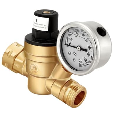 Kohree Water Pressure Regulator Valve, Lead-free Adjustable Water Pressure Reducer with Gauge for RV Camper, and Inlet Screened Filter