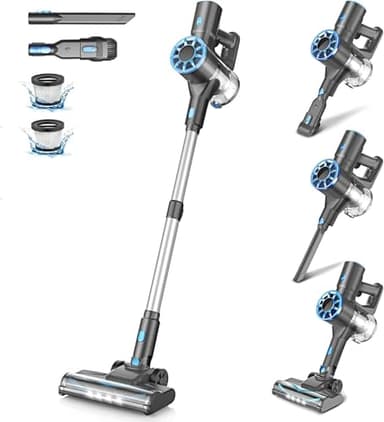 Cordless Stick Vacuum Cleaner with Self-Standing, 8-in-1 Vacuum Cleaners for Home, Lightweight Powerful Vacuum with LED Screen, Rechargeable Vacuum for Carpet, Pet Hair, Hardwood Floors (Grayblue)