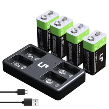 LP 9V Rechargeable Lithium Batteries, 4 Pack 500mAh 9V Battery with Micro USB Charging Station, 9 Volt Long Lasting Rechargeable Battery for Smoke Detector, Electronics & Audio and More