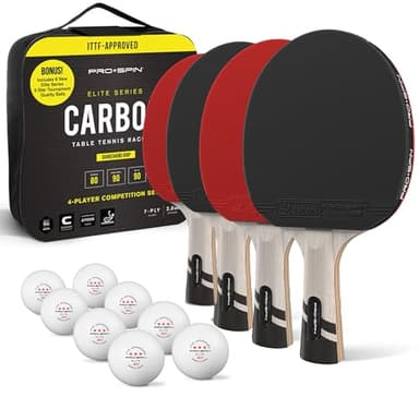PRO-SPIN Ping Pong Paddles – ITTF Approved Professional Table Tennis Rackets with Carbon Fibre for Superior Control | 7-Ply Blade, Premium Rubber, 2.0mm Sponge (Red, 4-Player Set)
