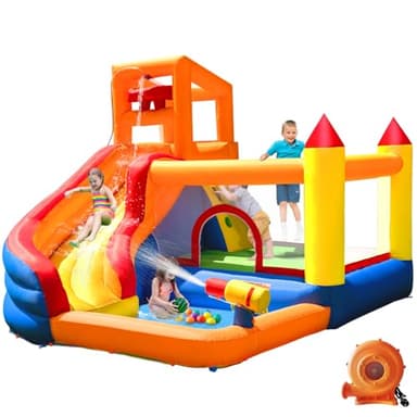 HuaKastro Inflatable Water Slide Bouncy Castle for Kids with Pool, 5-in-1 Indoor/Outdoor Blow Up Play Center for Climbing, Sliding, Jumping & Splashing Fun, Blower Included