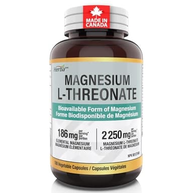 Herba Magnesium L-Threonate – 2,250mg of Magnesium L Threonate Per Serving (3 Capsules) - 186mg of Elemental Magnesium | Bioavailable Form of Magnesium Supplement | 90 Vegetable Capsules | Made in Canada