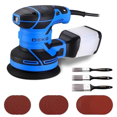 Electric Orbital Sander for Wood: DEKOPRO Sanding Machine with Dust Collector,16Pcs Sandpapers, 6 Variable Speed 14000RPM, 125MM Hand Tool, 3*Flat Paint Brushes,Fit for Woodworking/Sanding, Blue