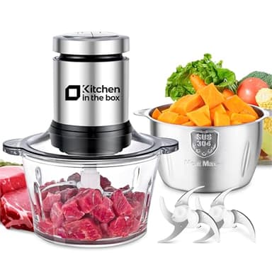 Kitchen in the box Food Processors,Small Meat Grinder & Food Chopper Electric Vegetable Chopper with 2 Bowls (8 Cup+8 Cup)& 2 Bi-Level Blades for Meat/Fish/Vegetable/Baby Food (Sliver,8cup+8cup)