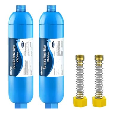 RV Inline Water Filter with Flexible Hose Protector, Certified by NSF to Reduce Bad Taste, Odors, Chlorine, Lead, Fluoride in Drinking Water, Compatible with 40013, 40041, 40043 KDF Filter (2 Packs)