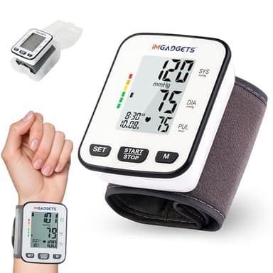 IMGadgets Blood Pressure Monitor (Wrist) - Large HD Backlit Display for Home & Travel, Accurate Heart Rate & Irregular Heartbeat Monitor, 120 Memory records, Health Canada Approved Blood Pressure Machine
