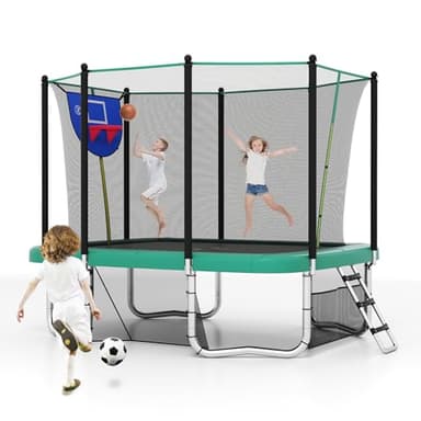 GYMAX Trampoline Outdoor, 10 x 8FT Rectangle Trampoline with Basketball Hoop, Soccer Goal, Anti-Slip Ladder & Shoes Storage, Heavy Duty Backyard Trampolines for Kids & Adults (Green)