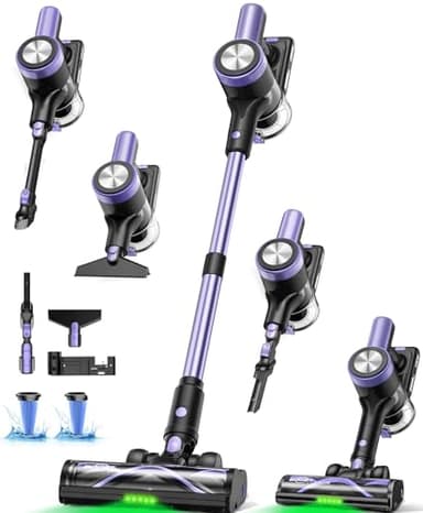 Cordless Vacuum Cleaner, 55Kpa/55 Mins Vacuum Cleaners for Home, Self-Standing Stick Vacuum with Rechargeable Dock,LED Display & Anti-Tangle,Lightweight Rechargeable Vacuum for Carpet (Violet)