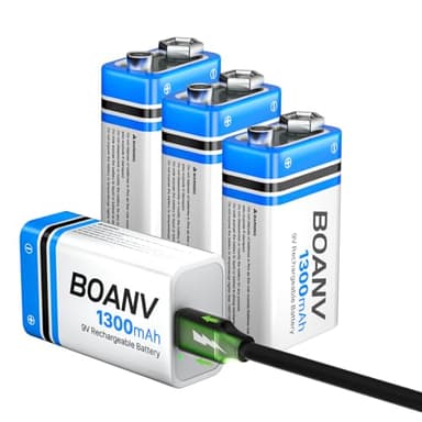 4PCS 1300mAh 9V Rechargeable Batteries, 9V Rechargeable USB Lithium Long Lasting Battery, with 2 in 1 Charging Cable, for Smoke Detectors, Alarms, Keypad, Microphone