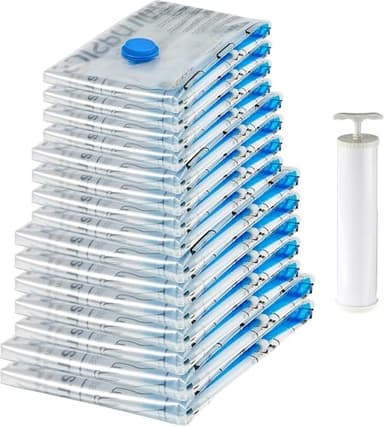 Amazon Basics Vacuum Compression Space Saving Storage Bags with Hand Pump, Multiple Sizes, Pack of 15, White