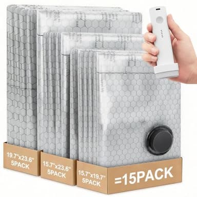 Travel Vacuum Bags with Cordless Pump, Vacuum Bags for Travel, Vacuum Sealer Bags for Clothes, Space Saver Vacuum Storage Bags for Luggage, Reusable Vacuum Packing Bags for Clothing & Bedding, 15 Pack