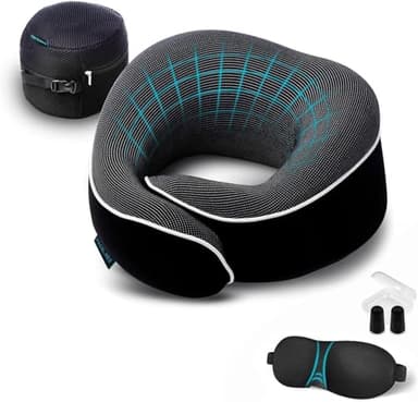 Proglobe Orthopedic Neck Pillow Travel Neck Pillows for Airplanes, Memory Foam Kit, Airplane Travel Set with 3D Contoured Eye Masks, Earplugs, and Luxury Mesh Bag