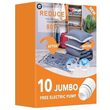 10 Jumbo Vacuum Storage Bags with Electric Pump, Space Saver Bag for Clothes, Mattress, Blanket, Duvets, Pillows, Comforters, Travel