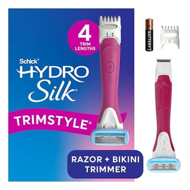 Schick Hydro Silk TrimStyle Hydrating Razor with Bikini Trimmer for Women | 2-in-1 Bikini Razor for Women and Womens Trimmer for Pubic Hair| Includes 1 Waterproof Handle, 1 Refill & 1 AAA Battery