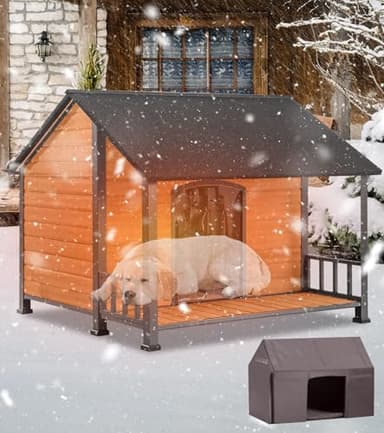 GUTINNEEN Extra Large Dog House Outdoor, Insulated Indoor Dog Kennel with Metal Frame, Waterproof Dog Shelter with Asphalt Roof, PVC Curtain & Multifunctional Patio (Brown, XXL with Liner)