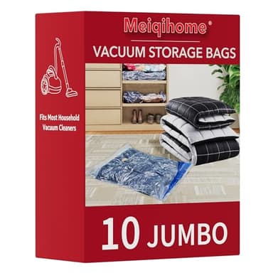 Vacuum Storage Bags 10 Jumbo, Space Saver Sealer Bags, Airtight Compression Bags for Clothes, Pillows, Comforters, Blankets, Bedding