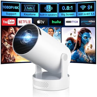 Kimwood Projector with Upgraded HiFi Speaker, [Built-in Apps] 1080P Mini Portable Projector Lower Noise Auto Keystone WiFi 6 Bluetooth 5.4 Ultra Short Throw Projectors for Big Screen (White)