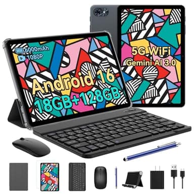 Tablet 10 Inch, 2026 Android 16 Tablets with Keyboard, 18GB+128GB, 2TB Expand, Widevine L1 Compatible Octa-Core Android Tablet with 5G WiFi, 1080P Display, 6000mAh, AI Camera, OTG, 4 Years Warranty