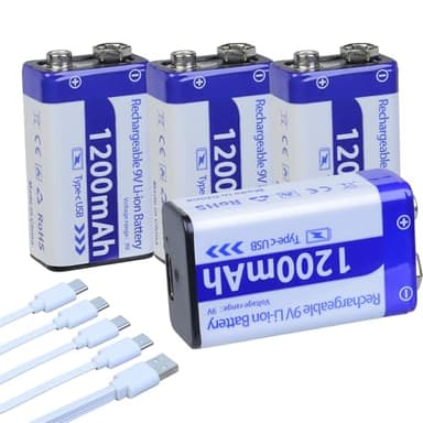 Rechargeable 9V Batteries 4 Pack, Lithium Batteries 9V for Smoke Detector,Wireless Microphones, multimeters