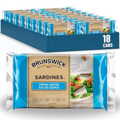 Brunswick Sardines in Spring Water - 106g, 18 Count - Canned Fish - Excellent Source of Protein - 17g of Protein Per 84g Serving Drained - Contains Omega-3, Source of Vitamin D, Iron
