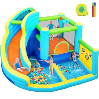 FBSPORT Inflatable Bounce House, Air Bounce House with Water Slides, Climbing Wall, Jumping and Splash Pool, Ball Shooting, Kids Bouncy Castle for Outdoor Backyard Discovery(with 450W Blower)