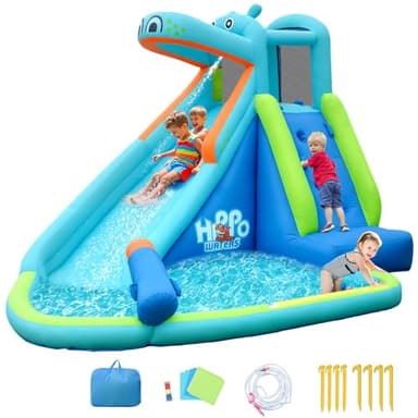 OLAKIDS Inflatable Water Slide, Hippo Themed Bounce House Water Park with Slide Splash Pool Climbing Wall Water Gun, Outdoor Inflatable Obstacle Course Jumping Castle for Kids Backyard