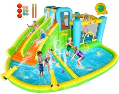 FBSPORT Inflatable Bounce House, 8 in 1 Kids Bouncy Castle with 2 Water Slides, 2 Water Gun, Basketball Shooting, Jumping and Splash Pool, Climbling, Air Bounce House for Outdoor Indoor Backyard