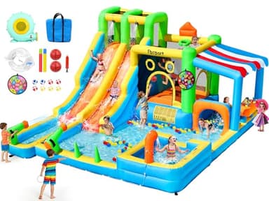 FBSPORT Inflatable Bounce House Double Water Slide with 680W Blower,11 in 1 Inflatable Water Slide Park, Splash Pool, Climbing Wall, Bouncy Castle for Indoor Outdoor Backyard