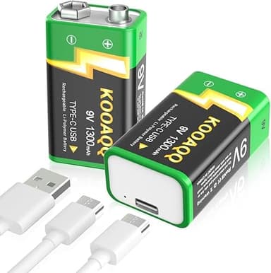 2-PCS Rechargeable 9V Batteries, High Capacity 1300mAh 9 Volt Lithium-ion Long Lasting Power, with 2 in 1 USB-C Charging Cable for Smoke Detector/Alarms,Microphones,Multimeters,Toys,Game Controllers