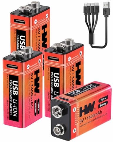 HW 9V Rechargeable Batteries 4 Pack, 1400mAh Lithium Battery 9 Volt with USB-C Charging Port, 1000 Cycles Low Self-Discharge for Smoke Detectors, Fire Alarms, Toys and More/Pile 9V