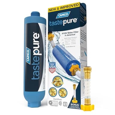 Camco Tastepure RV Water Filter - New & Advanced RV Inline Water Filter with Flexible Hose Protector - GAC & KDF Filtration - Made in USA - Camping Essentials for Fresh Drinking Water (40013)