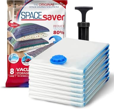 Spacesaver 8 Pack Vacuum Storage Bags Large - 32 x 24 Inch Vacuum Sealer Bags for Clothes, Bedding, Comforters - 80% More Storage - Hand Pump Included for Travel