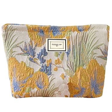 Makeup Bag for Women,Large Floral Cosmetic Bags Travel Toiletry Bag Organizer Zipper Daily Pouch,Beige Yellow Flowers