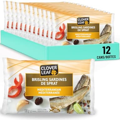 Clover Leaf Brisling Sardines Mediterranean - 106g, 12 Count - Canned Fish - High in Protein, 14g per Serving - Source of Omega-3, Iron, Vitamin D, and Calcium