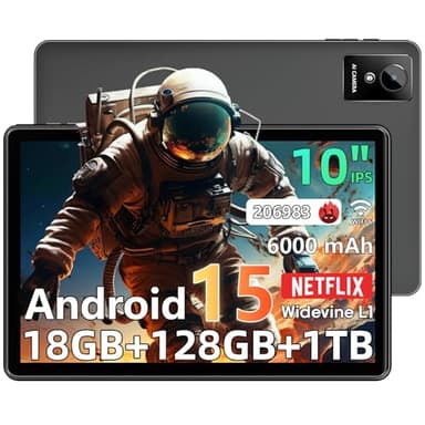 Tablet 10 inch Android 15 Tablets, 18GB RAM 128GB ROM 1TB Expand, Octa-Core Processor, 1280x800 IPS Widevine L1, WiFi 6, 8MP+5MP Dual Camera, BT5.4, 6000mAh, GPS，Gray