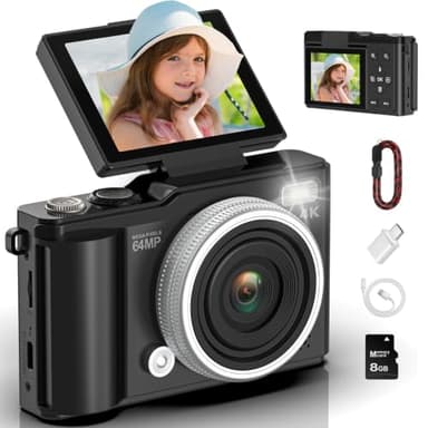 4K Digital Camera for Photography, 64MP Vlogging Camera for YouTube with 180° Flip Screen and Macro Function, 16X Zoom UHD Autofocus Video Camara with Micro SD Card for Teens Boys Girls